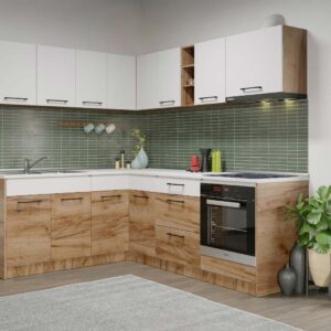 Set Mobila Bucatarie Colt Gastro 180*220 Alb/Stejar – C26