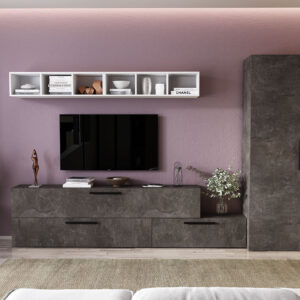Living Pati 107 – Mobila Sufragerie Gri Beton + Alb