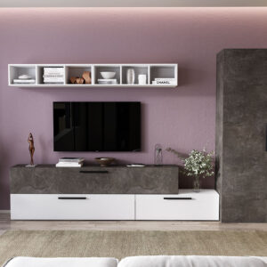 Living Pati 109 – Mobila Sufragerie Gri Beton + Alb