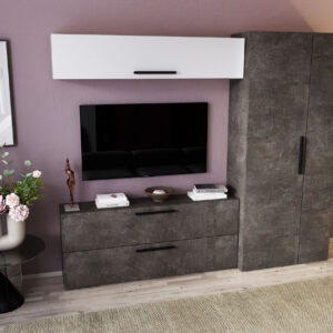 Living Pati 113 – Mobila Sufragerie Gri Beton + Alb
