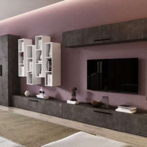 Living Pati 115 – Mobila Sufragerie Gri Beton + Alb