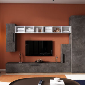 Living Pati 123 – Mobila Sufragerie Gri Beton + Alb