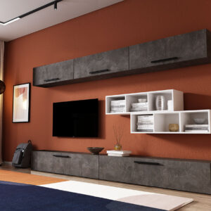 Living Pati 125 – Mobila Sufragerie Gri Beton + Alb