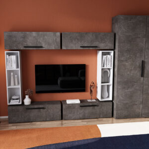 Living Pati 127 – Mobila Sufragerie Gri Beton + Alb