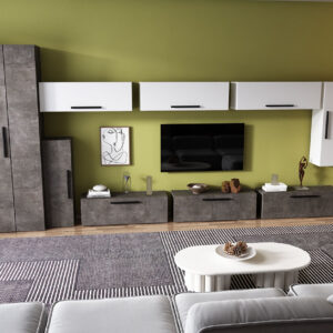 Living Pati 141 – Mobila Sufragerie Gri Beton + Alb