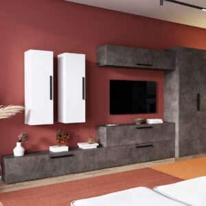 Living Pati 149 – Mobila Sufragerie Gri Beton + Alb