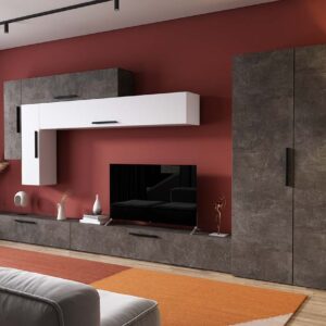 Living Pati 153 – Mobila Sufragerie Gri Beton + Alb