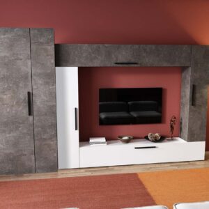 Living Pati 157 – Mobila Sufragerie Gri Beton + Alb