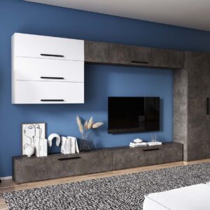 Living Pati 169 – Mobila Sufragerie Gri Beton+ Alb