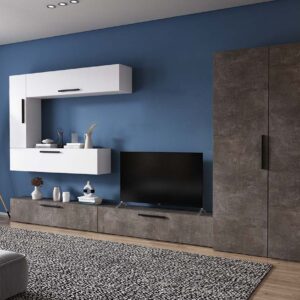 Living Pati 173 – Mobila Sufragerie Gri Beton + Alb