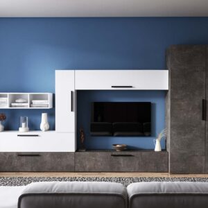 Living Pati 185 – Mobila Sufragerie Gri Beton + Alb