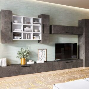 Living Pati 188 – Mobila Sufragerie Gri Beton+ Alb