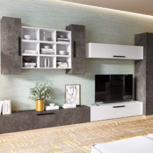 Living Pati 189 – Mobila Sufragerie Gri Beton+ Alb