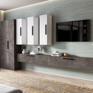 Living Pati 193 – Mobila Sufragerie Gri Beton + Alb