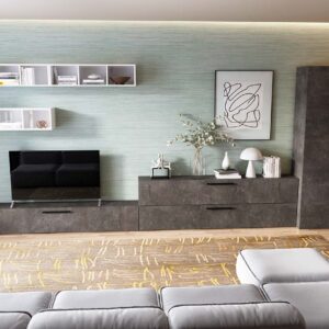 Living Pati 195 – Mobila Sufragerie Gri Beton + Alb