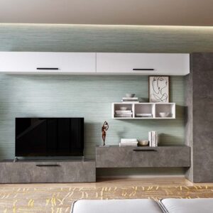 Living Pati 203 – Mobila Sufragerie Gri Beton + Alb