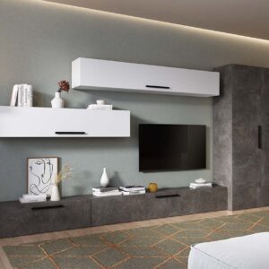 Living Pati 207 – Mobila Sufragerie Gri Beton + Alb