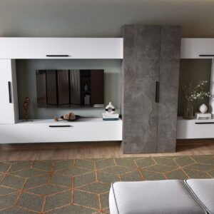 Living Pati 213 – Mobila Sufragerie Gri Beton + Alb