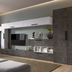 Living Pati 217 – Mobila Sufragerie Gri Beton + Alb