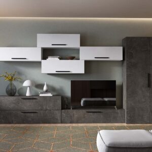 Living Pati 221 – Mobila Sufragerie Gri Beton + Alb