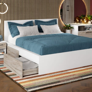 Pat Alb + Stejar k02 optional lada de depozitare 140×200 2 sertare