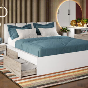 Pat Alb + Stejar K02 Tapitat optional lada de depozitare 140×200 2 sertare