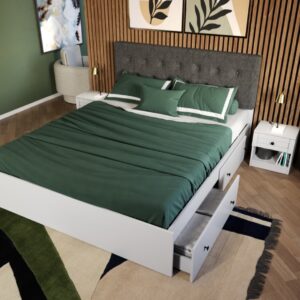 Pat Alb Tapitat Gri optional lada de depozitare 140×200 4 sertare