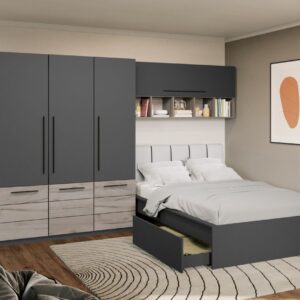 Set Mobila Dormitor Noce 3.05m cu pat tapitat Alb incadrat