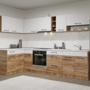 Set Mobila Bucatarie Colt Gastro 140*300 Alb/Stejar – C29