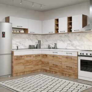 Set Mobila Bucatarie Colt Gastro 180*220 Alb/Stejar – C40