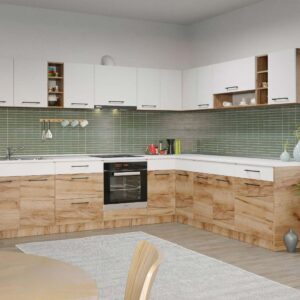Set Mobila Bucatarie Colt Gastro 300*240 Alb/Stejar – C28