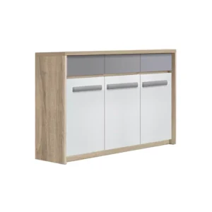 Comoda ROMA 12, cu usa si 3 sertare, corp PAL stejar sonoma, fronturi MDF gri mat + alb lucios, 135x43x104 cm