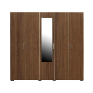 Dulap CORINNE, 5 usi, 4 rafturi, 2 bare de haine, oglinda, nuc, cant vanilie, 200x50x188 cm