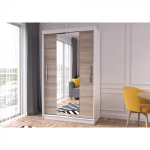 Dulap NEOMI 01, usi glisante, oglinda, 6 rafturi, bara de haine, corp alb + front sonoma, 120x61x200 cm