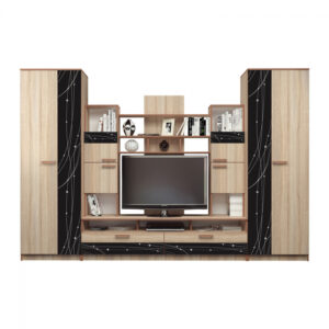 Living BAGHIRA, 6 corpuri, corp PAL sonoma + front PAL sonoma + sticla, 330x52x212 cm