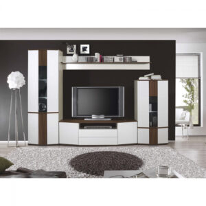 Living DONA 2, 4 corpuri, corp PAL Frasin Shimo +  front MDF alb, 297x45x208 cm