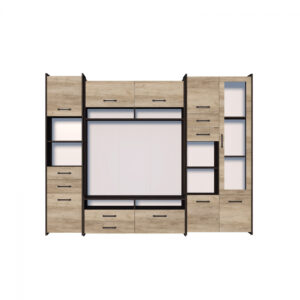 Living MOKKA II, 3 corpuri, corp PAL maro inchis, fronturi PAL stejar, 232x53x200 cm