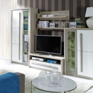 Living ROMA Z.A., 4 corpuri, cu lumini LED, corp PAL stejar sonoma, fronturi MDF gri mat + alb lucios, 194x300x53 cm