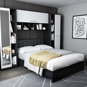 Set Mobila Dormitor Mario 2.87m pat incadrat si oglinda tapitat wenge