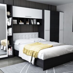 Set Mobila Dormitor Mario 3.85m pat incadrat tapitat alb