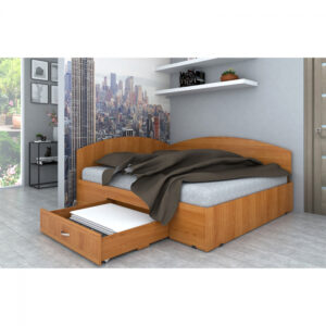 Pat de colt, 140×200 cm, sertar lateral pe role, cires