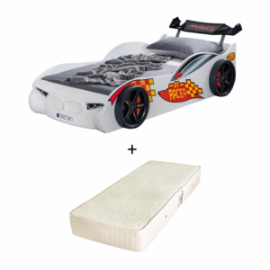 Pat pentru copii masina ECO RACE, alb + Saltea Superortopedica cu arcuri, 90×190 cm