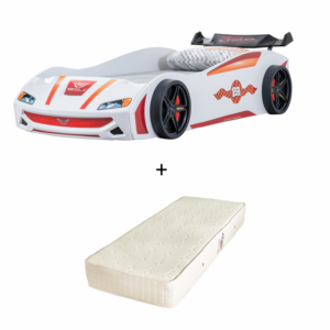 Pat pentru copii masina ECO RACE, alb + Saltea Superortopedica cu arcuri, 90×190 cm