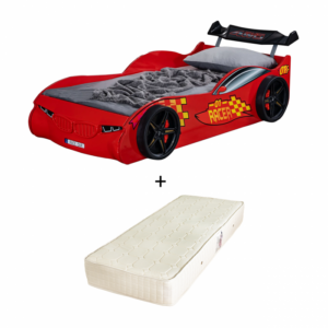Pat pentru copii masina ECO RACE, rosu + Saltea Superortopedica cu arcuri, 90×190 cm