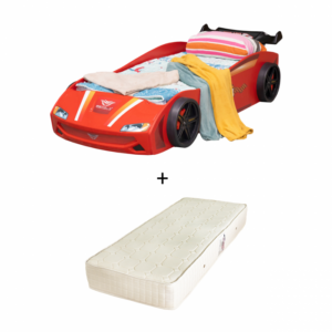 Pat pentru copii masina ECO RACE, rosu + Saltea Superortopedica cu arcuri, 90×190 cm