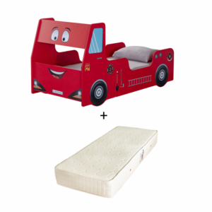 Pat pentru copii masina FIRE TRUCK, rosu + Saltea Superortopedica cu arcuri, 90×190 cm