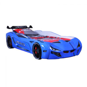 Pat pentru copii masina MVN1, cu sunet, telecomanda si lumini LED, albastru, 90×190 cm