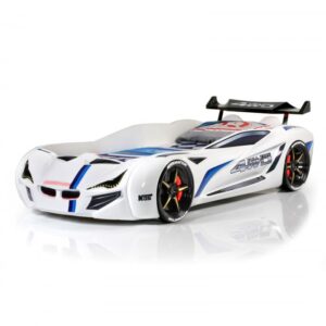 Pat pentru copii masina MVN1, cu sunet, telecomanda si lumini LED, alb, 90×190 cm