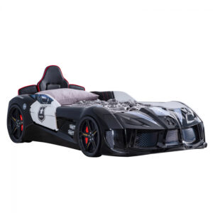 Pat pentru copii masina POLICE, cu sunet, telecomanda si lumini led, negru, 90×190 cm