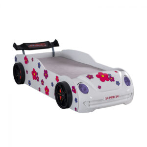 Pat pentru copii masina VOSVOS ECO, cu faruri, lumini led, alb, 90×190 cm